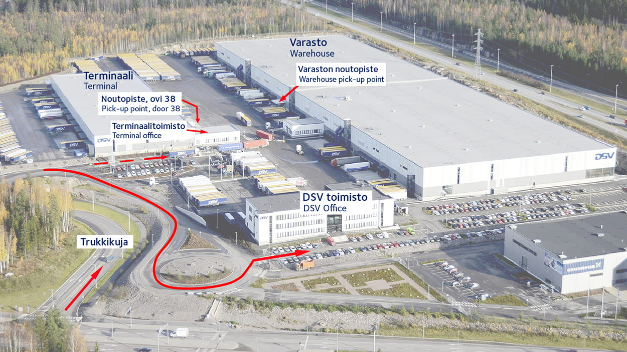 Ilmakuva, jossa on ajo-ohjeet DSV:n Vantaan Trukkikujan toimipisteeseen.